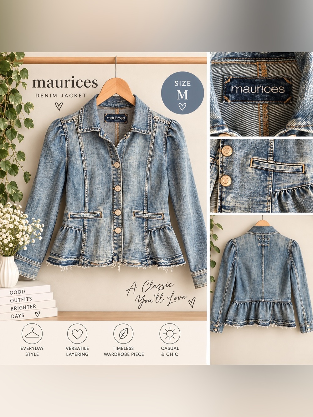 Maurices Women’s Peplum Denim Jacket Medium Light Wash Distressed